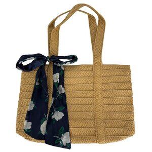Draper James NEW Everday Straw Bag Blue Floral Scarf Beachy Summer Resort Casual